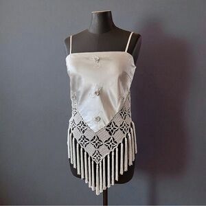 Y2K Vintage Sue Wong Nocturne Satin Fringe Beaded Top Fairy Crochet Champagne 4